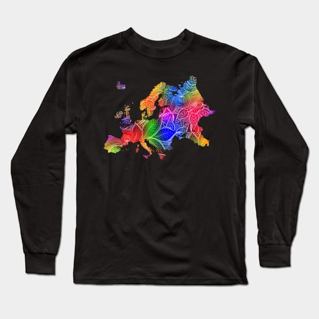Colorful mandala art map of Europe with text in multicolor pattern Long Sleeve T-Shirt by Happy Citizen